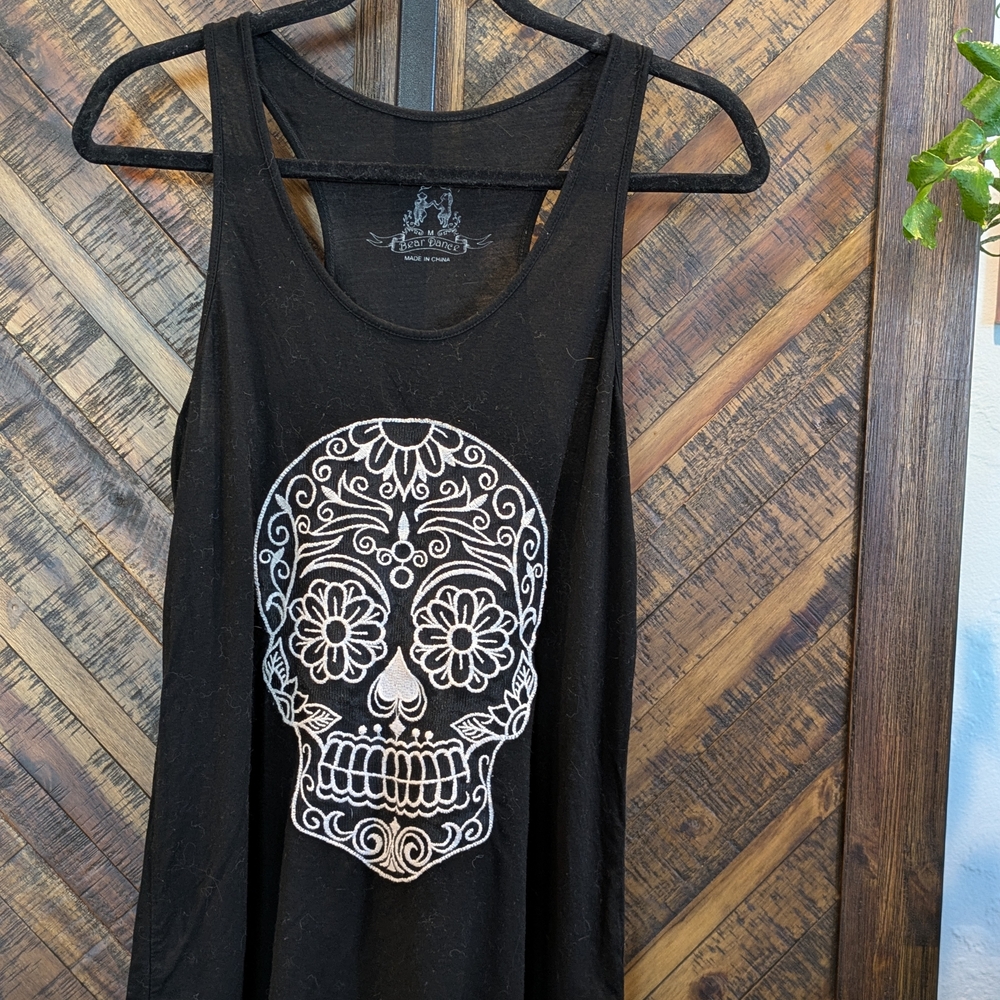 Bear Dance Black Tank Top with White Skull Design
